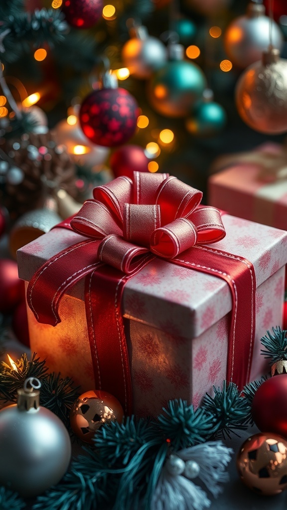 A wrapped Christmas gift with a bow, surrounded by holiday decorations.